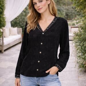 CP SHADES Black Floral Button-up Shirt Rayon Size Medium